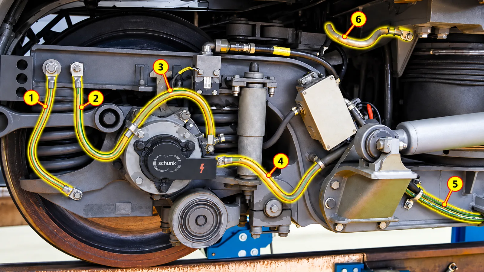 Earthing cables installed on rail bogie